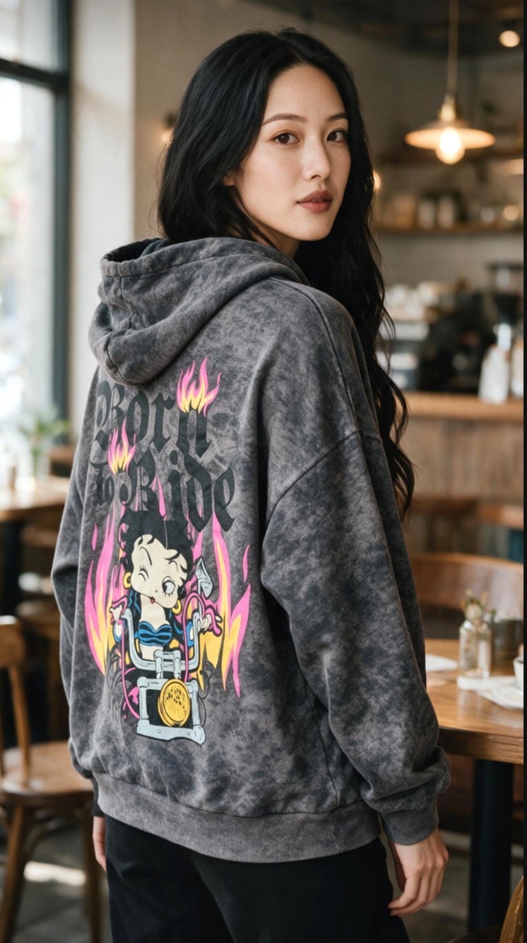 Betty Boop Hoodie Womens Sz XL Gray Born to Ride Motorcycle Club Graphic